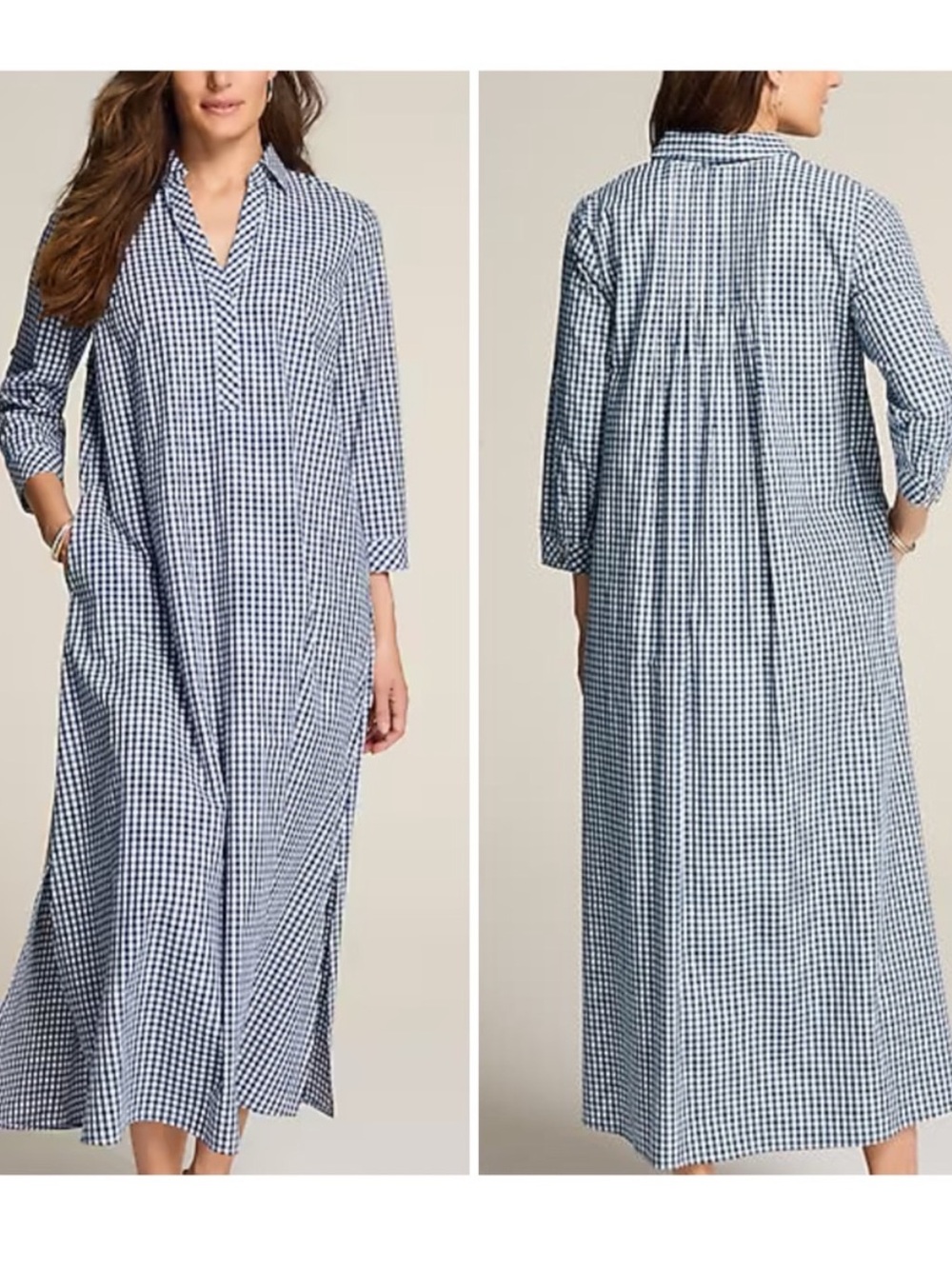 J. Jill Cotton Popover Checked Gingham Pintuck Maxi Shirt Dress Large